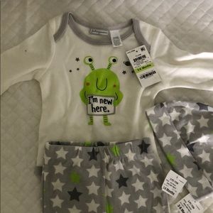 Baby boy 3 piece outfit. Onesie, pants and a hat.